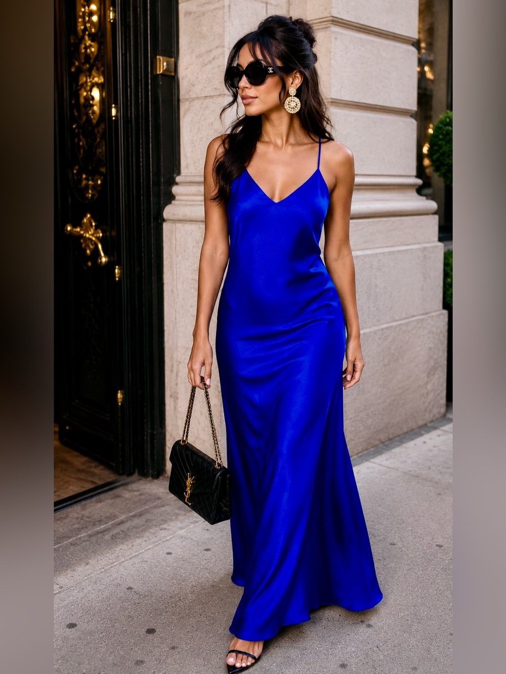 Tahari Arthur S Levine Royal Blue Satin Slip Maxi Dress XL Racerback NWT
